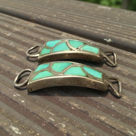 Very Old Navajo Sterling Silver Watch Tips Old Pawn Blue Turquoise Inlay main image 5